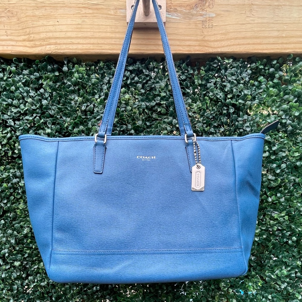 Coach leather City tote cobalt blue features silver hardware COACH hang tag